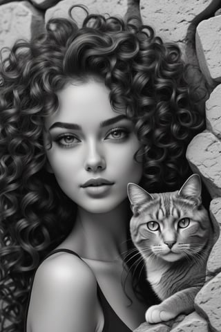 A beautiful young woman with curly hair poses next to the face of a cat, drawn on a stone wall in the form of graffiti.

(((black and white drawing))),

very detailed face, porousness,

Ultra High Definition,

realistic,

vivid colors,

Very detailed,

UHD drawing,

pen and ink,

perfect composition,

Beautiful, detailed, intricate and incredibly detailed octane rendering that is trending on artstation,

8k art photography,

photorealistic conceptual art,

Smooth natural volumetric cinematic perfect light,

(((black and white art, photorealistic)))