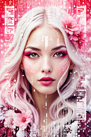 Vintage print design, retro-inspired typography, surrounding an illustration of a face of a young woman, very beautiful, with white and pink hair, illuminated by a cascade of contrasting red tones and white tones of binary code with pink gradient colors of floral symbols with ink Sumi-e symbols. Snow White and the Seven Dwarfs,LegendDarkFantasy