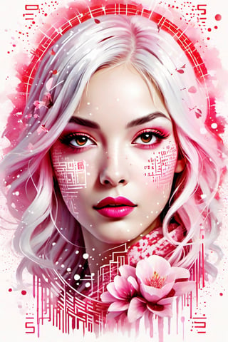 Vintage print design, retro-inspired typography, surrounding an illustration of a face of a young woman, very beautiful, with white and pink hair, illuminated by a cascade of contrasting red tones and white tones of binary code with pink gradient colors of floral symbols with ink Sumi-e symbols. Snow White and the Seven Dwarfs,LegendDarkFantasy