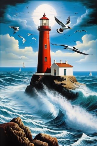 a painting of a lighthouse in the middle of the ocean,

rough sea, many waves,

a lot of fog that obscures the landscape,

flock of seagulls flying over the sea,

a microscopic photograph of Salvador Dalí,

pixabay contest winner,

artistic photography,

flicker.,

Macro photography by René Magritte,

close up,

hyper detailed,

trend in artstation,

sharp focus,

studio photo,

intricate details,

(((Very detailed,

by René Magritte, Salvador Dalí, Joan Miró, Remedios Varo)))