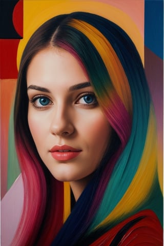 portrait of young woman, oil painting, cubist style, colorful abstract background, mixed media, hyper-realistic touch of color, highly detailed, colorful and abstract.