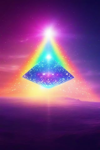 Diamond pyramid with dots shooting lights, like rays of light, rainbow colors, towards the sky, cosmic, planets and aliens, surreal sci-fi movie, 4k