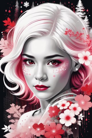 Vintage print design, retro-inspired typography, surrounding an illustration of a face of a young woman, very beautiful, with white and pink hair, illuminated by a cascade of contrasting red tones and white tones of binary code with pink gradient colors of floral symbols with ink Sumi-e symbols. Snow White and the Seven Dwarfs