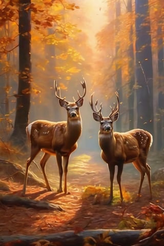 Deer in a forest, autumn afternoon, hyperrealistic, definitions of warm tones at sunset, realistic style, oil painting, best masters, a photographic definition, 4k.,Star