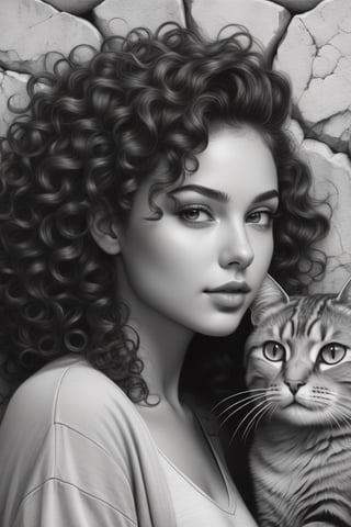 A beautiful young woman with curly hair poses next to a drawn face of a cat on a stone wall in the form of graffiti,

black and white drawing,

ultra high definition,

realistic,

vivid colors,

Very detailed,

UHD drawing,

pen and ink,

perfect composition,

beautiful, detailed, intricate and incredibly detailed octane rendering that is trending on artstation,

8k art photography,

photorealistic conceptual art,

Soft natural volumetric cinematic perfect light.