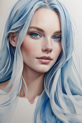 Beautiful modern girl, blue and white, long hair, portrait, hyperrealistic watercolor, high definition, masters of painting, unique beauty, 4k.