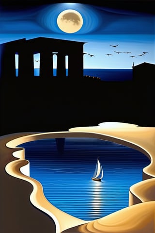 Greece under the moonlight with ancient architecture,

The Aegean Sea gently laps the shore,

clear night sky,

reflections on the water,

(((in the style of SUBREALISM, SALVADOR DALI))),

4K resolution,

the moonlight casting soft shadows and shine on the sea,

a soft breeze laughs at the sea,

oil painting,

Very detailed,

intricate work of SALVADOR DALI,

Ultra-fine details of great pictorial beauty