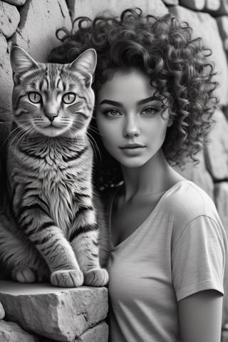 A beautiful young woman with curly hair poses next to the face of a cat, drawn on a stone wall in the form of graffiti,

(((black and white drawing))),

Ultra High Definition,

realistic,

vivid colors,

Very detailed,

UHD drawing,

pen and ink,

perfect composition,

Beautiful, detailed, intricate and incredibly detailed octane rendering that is trending on artstation,

8k art photography,

photorealistic conceptual art,

Smooth natural volumetric cinematic perfect light,

(((black and white art, photorealistic)))