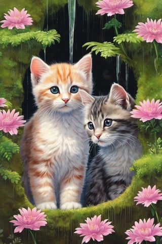 Two little cats open a hole in a mossy stone wall, while the rain continues to fall,

very detailed texture, of great pictorial beauty,

pastel colors, sun and shadows,

photorealistic,

small pink flowers little fern leaves artistic fantasy with painterly texture,

of great beauty and tenderness