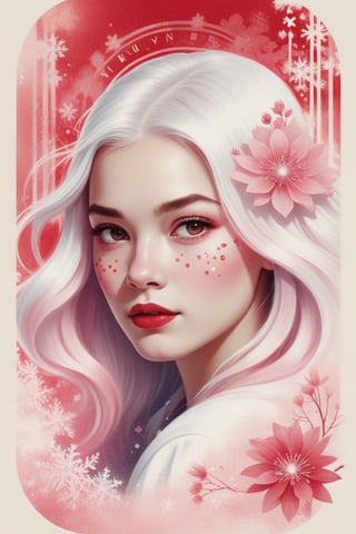 Vintage print design, retro-inspired typography, surrounding an illustration of a face of a young woman, very beautiful, with white and pink hair, illuminated by a cascade of contrasting red tones and white tones of binary code with pink gradient colors of floral symbols with ink Sumi-e symbols. Snow White and the Seven Dwarfs