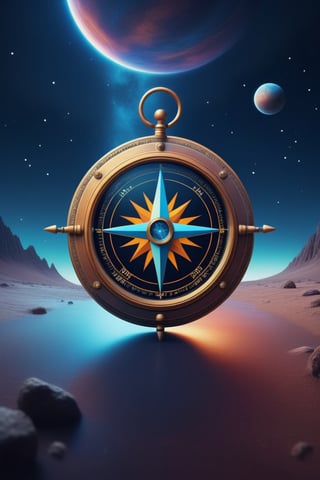 a compass in the starry sky, fantasy, planets, mysterious, surreal, with fine details, composition, surreal colors, science fiction film, 8k.,thm style