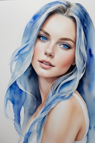 Beautiful modern girl, blue and white, long hair, portrait, hyper-realistic watercolor painting, high definition