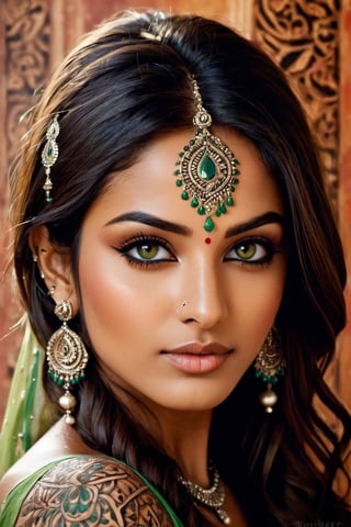 Beautiful Indian art. A painting of a beautiful Indian woman, very detailed face, soft green eyes, porous skin, hyperrealism, with multiple tattoos of beautiful henna Mehndi colors. by dreamer, photorealistic, taken from a movie, everything very detailed, face, body, gives a feeling of realism