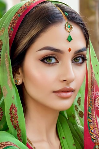 Beautiful Indian art. A painting of a beautiful Indian woman, (((very detailed face, soft green eyes, porous skin, hyperrealism))), with multiple beautiful colored henna Mehndi tattoos. by dreamer, (((photorealistic, taken from a movie, everything very detailed, face, body, gives a feeling of realism))),h4n3n