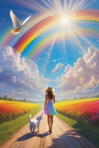 The road to heaven is a rainbow in the sunny sky, a beautiful young woman and animals walk along the rainbow, bright colors, very illuminated, surreal, lots of definition, photographic, razumov, 4k.