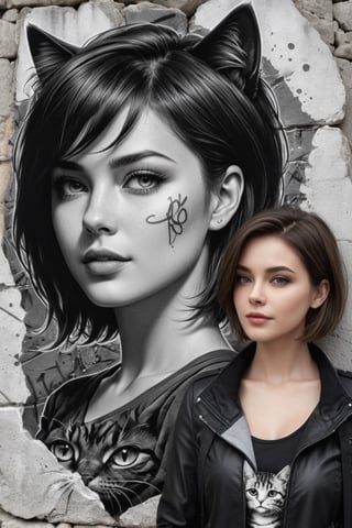 A beautiful young woman with short hair poses next to the face of a cat, (((drawn on a stone wall in the form of graffiti))),

(((black and white drawing))),

Dirk Dzimirsky, Jeanette Sirois,



very detailed face, porosity,

Ultra High Definition,

realistic,

vivid colors,

Very detailed,

UHD drawing,

pen and ink,

perfect composition,

Beautiful, detailed, intricate and incredibly detailed octane rendering that is trending on artstation,

8k art photography,

photorealistic conceptual art,

Smooth natural volumetric cinematic perfect light,

(((black and white art, photorealistic)))