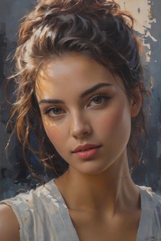 A beautiful young woman,

((Oil paint with heavy strokes and visible paint drips)),

filling technique,

saturated colors,

prominent canvas texture,

capturing the interplay of light and shadow,

impressionist influence,

very realistic,

Ultra-fine detail. by Martial Raysse, Ray Turner César Santos,

exhibition painting