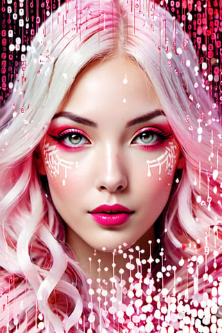 Vintage print design, retro-inspired typography, surrounding an illustration of a face of a young woman, very beautiful, with white and pink hair, illuminated by a cascade of contrasting red tones and white tones of binary code with pink gradient colors of floral symbols with ink Sumi-e symbols. Snow White and the Seven Dwarfs,LegendDarkFantasy