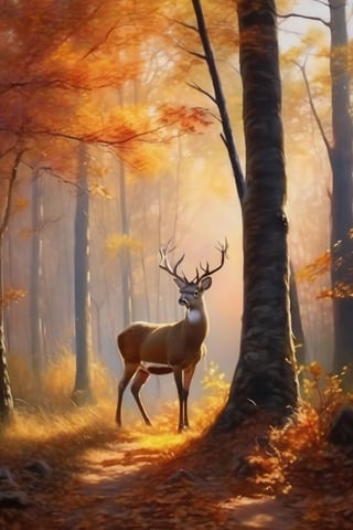 Deer in a forest, autumn afternoon, hyperrealistic, definitions of warm tones at sunset, realistic style, oil painting, best masters, a photographic definition, 4k.