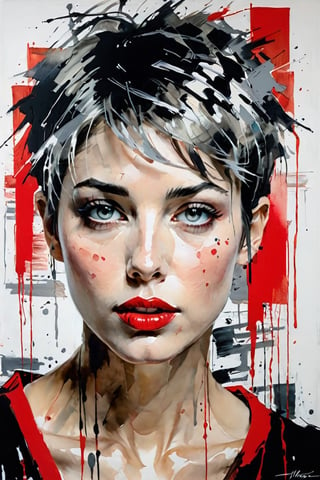 Figurative portrait of a beautiful, creepy girl with short gray hair. Milky gray eyes. Soft red lips. Black lid. White background. Dramatic brushstrokes,

muted colors of cold tones,

Light and movement in impressionist style. Paint streaks. By Carne Griffiths,

russian mills,

Mark Deamstader,

Andrés lies,

wadim kashin,

degas,

monet. Expression of longing. Impressionist emotional portrait. uhd