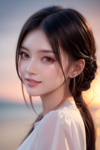 (1girl), Amazing face and eyes, delicate, (Best Quality:1.4), (Ultra-detailed), (extremely detailed beautiful face), brown eyes, (highly detailed Beautiful face), (extremely detailed CG unified 8k wallpaper), Highly detailed, High-definition raw color photos, Professional Photography, Realistic portrait, evening, Extremely high resolution, smiling, modern, trendy, fashionable, looking at me, open front shirt, (darkness:1.2), beach, sunset, ,britney