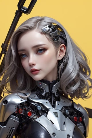 profile photo, in front of the yellow wall, Asian cyborg woman without body, connected by cable, Twisted cable and wire and LED, Charming eyes bodypunk PLC robot、silver motor head, with ray gun, 80 degree field of view, art by：sergio lopez, natalie shau, James Jean and Salvador Dali, (Yellow background:1.5),cyborg ,Cyborg,amber 