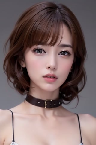 1girl
solo
brown hair
closed mouth
grey background
collar
lips
realistic ,beauty,yui,masterpiece,best quality,
yui