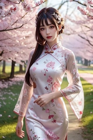 (masterpiece, top quality, best quality, official art, beautiful and aesthetic:1.2), hdr, high contrast, wideshot, 1girl, long black straight hair with bangs, looking at viewer, relaxing expression, clearly brown eyes, longfade eyebrow, soft make up, ombre lips, large breast, hourglass body, finger detailed, BREAK wearing half naked cheongsam, walking in the forest, (spring season theme:1.5), windy, spring forest background detailed, by KZY, BREAK frosty, ambient lighting, extreme detailed, cinematic shot, realistic ilustration, (soothing tones:1.3), (hyperdetailed:1.2),fox mask,perfect light