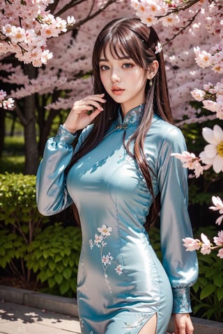 (masterpiece, top quality, best quality, official art, beautiful and aesthetic:1.2), hdr, high contrast, wideshot, 1girl, long black straight hair with bangs, looking at viewer, relaxing expression, clearly brown eyes, longfade eyebrow, soft make up, ombre lips, large breast, hourglass body, finger detailed, BREAK wearing half naked cheongsam, walking in the forest, (spring season theme:1.5), windy, spring forest background detailed, by KZY, BREAK frosty, ambient lighting, extreme detailed, cinematic shot, realistic ilustration, (soothing tones:1.3), (hyperdetailed:1.2),