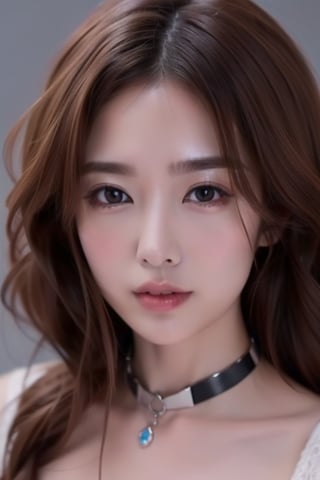 1girl
solo
brown hair
closed mouth
grey background
collar
lips
realistic ,beauty,yui,masterpiece,best quality,
yui