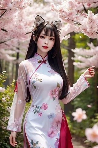 (Masterpiece, Top Quality, Best Quality, Official Art, Beauty and Aesthetics: 1.2), hdr, high contrast, wide shot, 1girl, long black straight hair, {{mask, fox mask}}, bangs, looking at the viewer, Big breasts, hourglass figure, delicate fingers, BREAK wearing a half-naked cheongsam, walking in the forest, (spring theme: 1.5), windy, detailed spring forest background,, BREAK frost, ambient lighting, extreme details, cinematic shots, realistic illustrations, ( Soothing Tone: 1.3), (Ultra Detail: 1.2), Fox Mask, Perfect Light