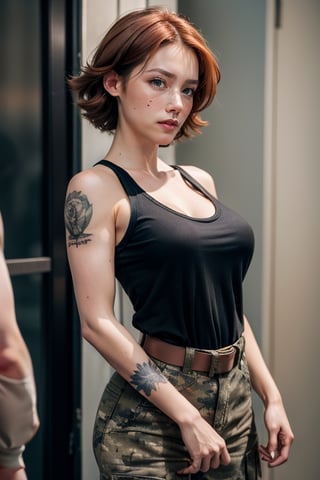 Meryl,1 girl,sex,redhead,blush,big breasts,freckles,makeup,long eyelashes,perfect female body,black tank top,belt,camouflage pants,military tattoos,real,