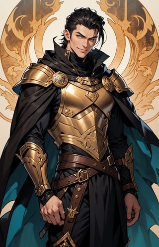 1man, handsome, ikemen, male lead, black hair, slicked back hair, beautiful, (black breastplate), (black cloak), brown eyes, (tan skin), (perfect face), (detailed eyes), strong jaw, vibrant eyes, smirk, villain, masculine, slender, pretty boy, webcomic, manhwa, big bulge, ffull body.