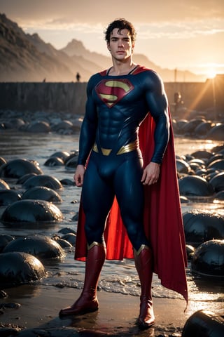 Photo of Henry Cavill as a superman, good locking, messy black hair, blue eyes, Athletic, standing on the spooky wet warzone, full body, sunset after rain, epic background, into the dark, deep shadow, dramatic lighting, twilight portrait, masterpiece, best quality, big bulge.