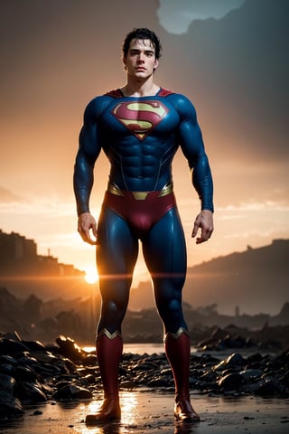 Photo of Henry Cavill as a superman, good locking, messy black hair, blue eyes, Athletic, standing on the spooky wet warzone, full body, sunset after rain, epic background, into the dark, deep shadow, dramatic lighting, twilight portrait, masterpiece, best quality, big bulge.