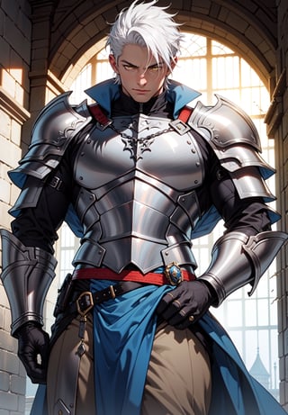 best quality , masterpiece, male, men,1guy, Victorian, Black knight armor* white hair, yellow eyes, huge long sword, castle, big bulge, bulge focus, large bulges in the crotch