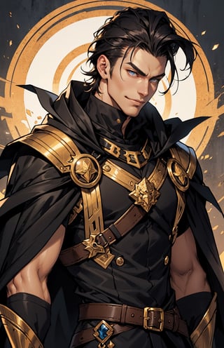 1man, handsome, ikemen, male lead, black hair, slicked back hair, beautiful, (black breastplate), (black cloak), brown eyes, (tan skin), (perfect face), (detailed eyes), strong jaw, vibrant eyes, smirk, villain, masculine, slender, pretty boy, webcomic, manhwa, big bulge