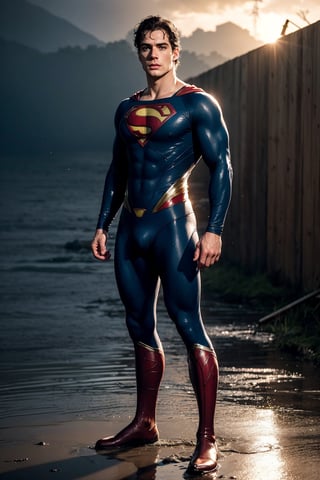 Photo of Henry Cavill as a superman, good locking, messy black hair, blue eyes, Athletic, standing on the spooky wet warzone, full body, sunset after rain, epic background, into the dark, deep shadow, dramatic lighting, twilight portrait, masterpiece, best quality, big bulge.