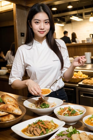 (8K, Ultra high res:1.1) Nguyen, an 18-year-old Vietnamese girl, embarks on a dynamic street food adventure. She indulges in a variety of delicious Vietnamese dishes while wearing a casual yet stylish outfit. Nguyen's captivating brown eyes, flawless complexion, and long black hair are highlighted in the high-resolution image. The vibrant street food stalls and the mouthwatering aroma of Vietnamese cuisine add to the energetic atmosphere, capturing Nguyen's love for culinary exploration and her youthful appetite for new experiences.