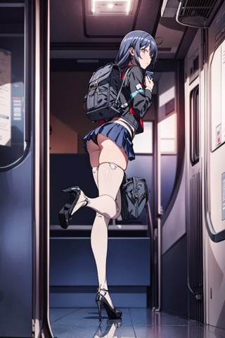 1 girl, ass, alone, thighs, phone, gray skirt, looking at viewer, bag, looking back, skirt, leaning forward, forward, backpack, black hair, cell phone, jacket, inside train, lifting skirt, high heels, ( high heels) holding phone, long hair, lifter, smartphone, holding, bangs, no panties, embarrassed, embarrassed expression, school uniform, anime, more details, dr24amaryllis, photograph taken from far away, photograph taken from a full angle, With cinematic lighting, with full shot, 55 mm lens, production quality, depth of field, cinematographic photography, professional color grading, exquisite details, sharpness. -focus, intricately detailed, f/2.8, realistic photography, real lighting, studio lighting, decorative lighting, GB shift, ray tracing, antialiasing, FKAA, TXAA, RTX, SSAO, Shaders, tone mapping, CGI, VFX , SFX,stockings