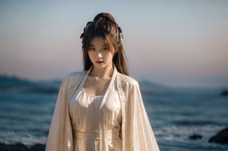 1girl, full body, large breasts, kingdom background, beautiful female , Samurai, Holding a Japanese Sword, shining bracelet,beautiful hanfu(white, transparent),cape, solo, {beautiful and detailed eyes}, calm expression, natural and soft light, delicate facial features, ((model pose)), spoon body type, (neon hair:1.2),  beehive,long ponytail,very_long_hair, hair past hip, curly hair, flim grain, realhands, masterpiece, Best Quality, photorealistic, ultra-detailed, finely detailed, high resolution, perfect dynamic composition, beautiful detailed eyes, eye smile, ((nervous and embarrassed)), sharp-focus, full_body, sexy pose,cowboy_shot,Samurai girl,glowing forehead,lighting, Japanese Samurai Sword (Katana),realhands,full body view ,perfect body,vonnyfelicia,full body,sexy clothes,hot dress,perfect breast,