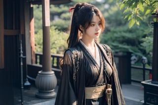 1girl, full body, large breasts, kingdom background, beautiful female , Samurai, Holding a Japanese Sword, shining bracelet,beautiful hanfu(white, transparent),cape, solo, {beautiful and detailed eyes}, calm expression, natural and soft light, delicate facial features, ((model pose)), spoon body type, (neon hair:1.2),  beehive,long ponytail,very_long_hair, hair past hip, curly hair, flim grain, realhands, masterpiece, Best Quality, photorealistic, ultra-detailed, finely detailed, high resolution, perfect dynamic composition, beautiful detailed eyes, eye smile, ((nervous and embarrassed)), sharp-focus, full_body, sexy pose,cowboy_shot,Samurai girl,glowing forehead,lighting, Japanese Samurai Sword (Katana),realhands,full body view ,perfect body,vonnyfelicia