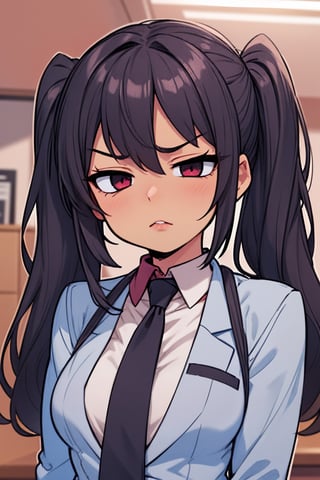 1girl, exhausted, pretty lips, office, unamused, silver suit, red undershirt, tie, twintails, dark hair
