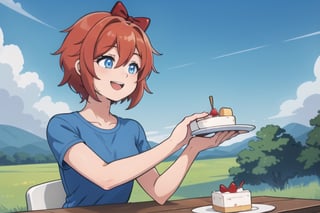 sayori, blue eyes, red hair, hair bow, red bow,bow,short hair,perfec girl,solo_female, outdoors,In front of her is a table with delicious desserts, smiling, wearing a blue t-shirt, happy, a beautiful blue sky and open field,