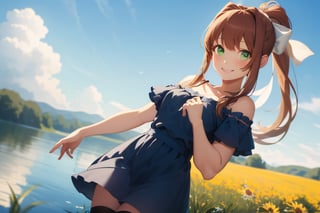 monika, green eyes, brown hair, very long hair, ponytail, hair ribbon, white ribbon,hair bow, bangs,perfec girl,solo_female, outdoors, smiling,casual blue off-the-shoulder short-sleeved dress, happy, a beautiful blue sky and open field,in a lake, black knee socks, cowboy shot