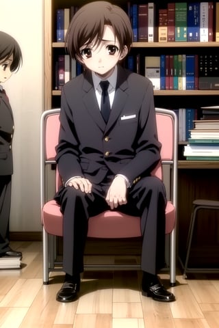 Highly detailed, High Quality, Masterpiece, beautiful,
BREAK 1boy, (solo:1.5), (young man), (16 old), yuu ashikaga uniform, short hair, brown hair, (male focus, male chest),  (brown eyes:1.5), look of shame,
BREAK school library interior, desk, chairs, books on the desk,
BREAK long sleeves, school uniform, necktie, bag, formal, suit, black dress pants, black shoes, black jacket, white shirt peeking out,
BREAK looking_down, (focus face), (boy on knees next to several books and chairs lying near him:1.5),