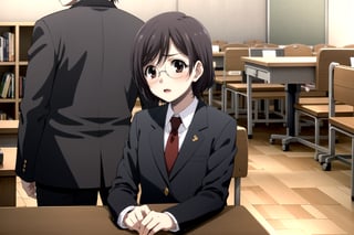 Highly detailed, High Quality, Masterpiece, beautiful,
BREAK 1boy, (solo), (young man), (16 old), yuu ashikaga uniform, short hair, brown hair, (male focus, male chest),  (brown eyes), look of shame,
BREAK school library interior,
BREAK long sleeves, school uniform, red necktie, suit, black dress pants, black jacket, white shirt peeking out,
BREAK looking_at_viewer, (focus face), Study while sitting in a chair, Focus on the task at your desk, head tilt, (glasses on the desk),