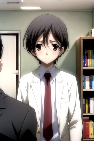 Highly detailed, High Quality, Masterpiece, beautiful,
BREAK 1boy, (solo), (young man), (16 old), yuu ashikaga uniform, short hair, brown hair, (male focus, male chest),  (brown eyes), look of shame,
BREAK school library interior,
BREAK long sleeves, school uniform, red necktie, suit, black dress pants, black jacket, white shirt peeking out,
BREAK looking_at_viewer, (focus face), (driven), next to several books, 