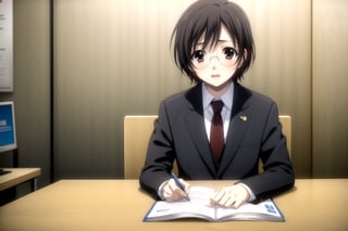 Highly detailed, High Quality, Masterpiece, beautiful,
BREAK 1boy, (solo), (young man), (16 old), yuu ashikaga uniform, short hair, brown hair, (male focus, male chest),  (brown eyes), look of shame,
BREAK school library interior,
BREAK long sleeves, school uniform, red necktie, suit, black dress pants, black jacket, white shirt peeking out,
BREAK looking_at_viewer, (focus face), Study while sitting in a chair, Focus on the task at your desk, head tilt, glasses on the desk.
