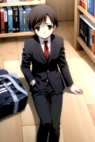 Highly detailed, High Quality, Masterpiece, beautiful,
BREAK 1boy, (solo:1.5), (young man), (16 old), yuu ashikaga uniform, short hair, brown hair, (male focus, male chest),  (brown eyes:1.5), 
BREAK school library interior, desk, chairs, books on the desk,
BREAK long sleeves, school uniform, necktie, bag, formal, suit, black dress pants, black shoes, black jacket, white shirt peeking out,
BREAK looking_down, (focus face), (boy lying on the floor next to several books and chairs lying near him),